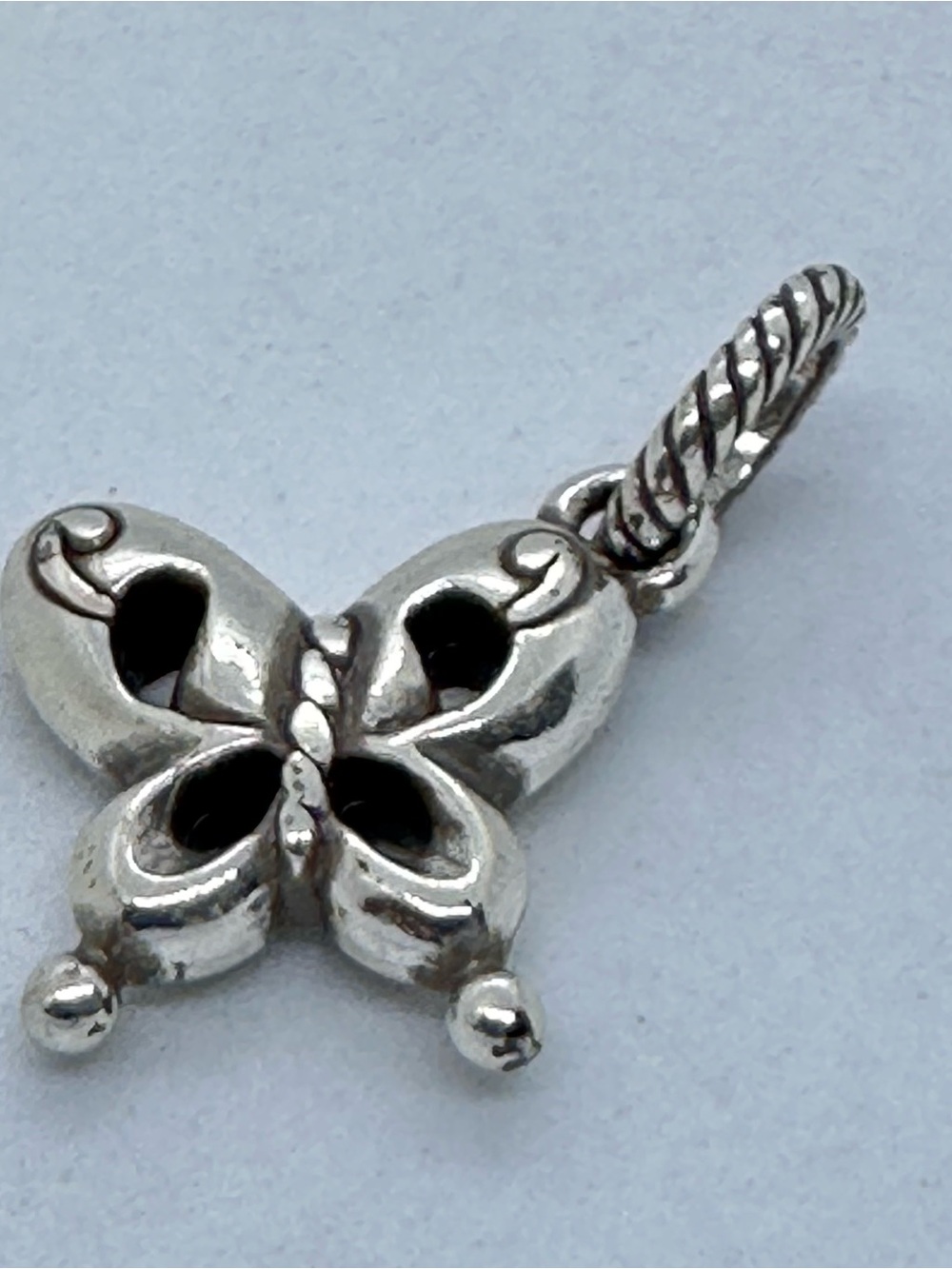 Brighton Silver Tone Two-Sided Butterfly Dangle Pendant Charm Swirls Rope Bail
